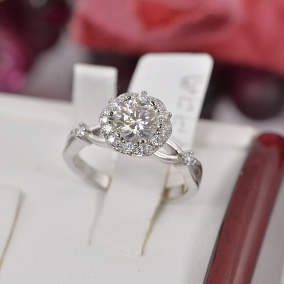 1.8 tcw Halo Brilliant Round Cut Certified Moissanite Engagement Ring - Picture 2 of 6